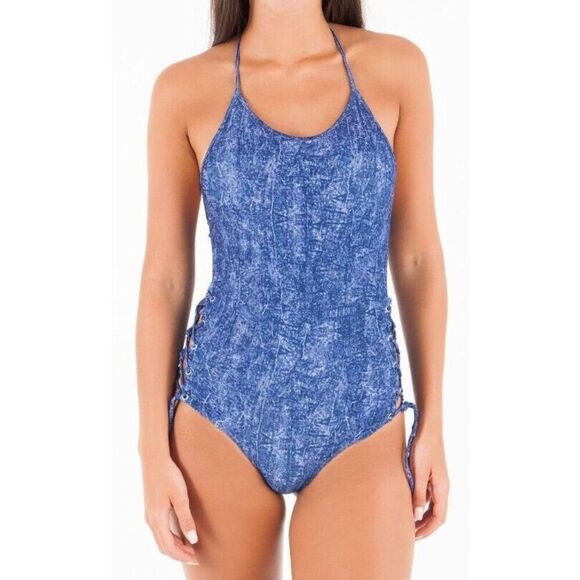 Guess E82J18-MC009 Women's Sz L Blue Denim Halter Side Lace-Up 1-Piece Swimsuit - Picture 10 of 11